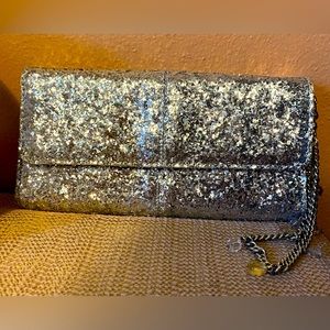 Jewel by 31 silver colored sequins clutch wallet with wristlet charms